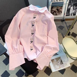 2024 New Spring and Autumn Korean Edition Sweet and Fashionable Blouses Long Sleeved Lapel Print Panel Button Women's Shirt Top