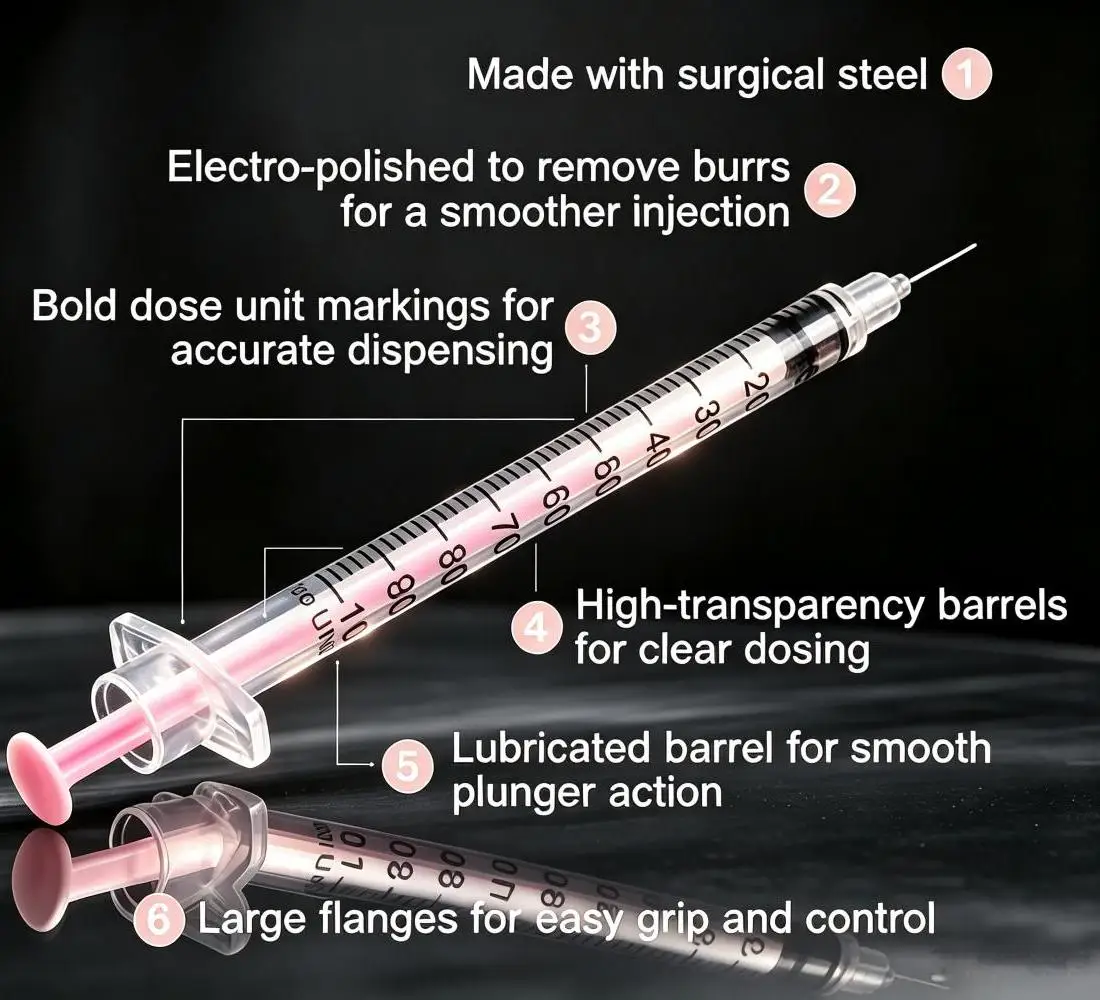 100 Stück Hellrosa Insulinspritze 1ml 30G 8mm Einweg-Sterile Injektionsspritze mit Nadel Einzeln Verpackt – Detail 1