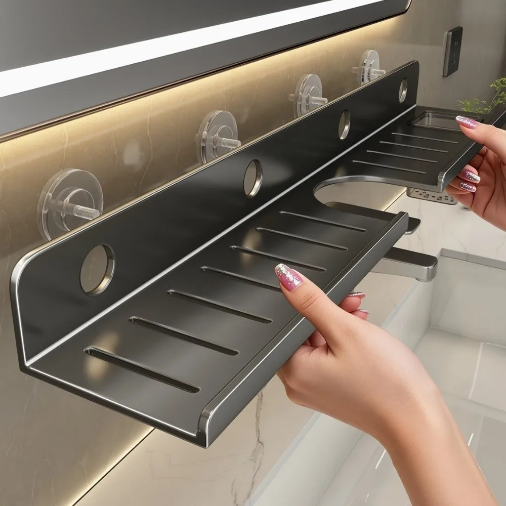 Carbon Steel Suction Cup Bathroom Shelves Wall Mounted Large Capacity Countertop Tap Storage Rack Removable No Drill