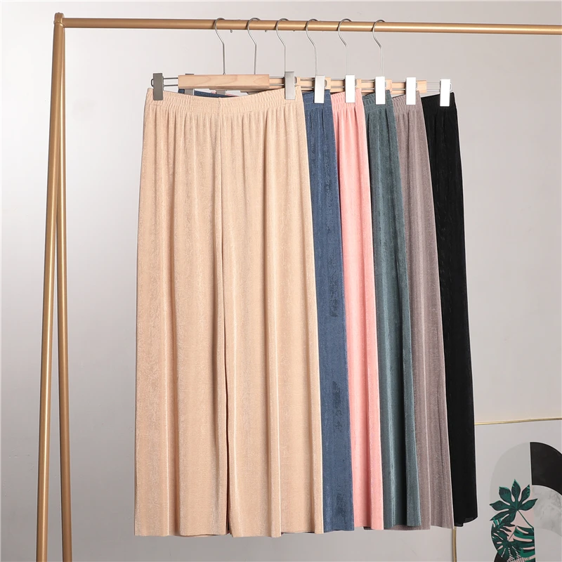 

Korean Style Ice Silk Wide Leg Pants Women's Summer Slimming Black Loose Casual High Waist Straight Cut Drapey Versatile Nine...