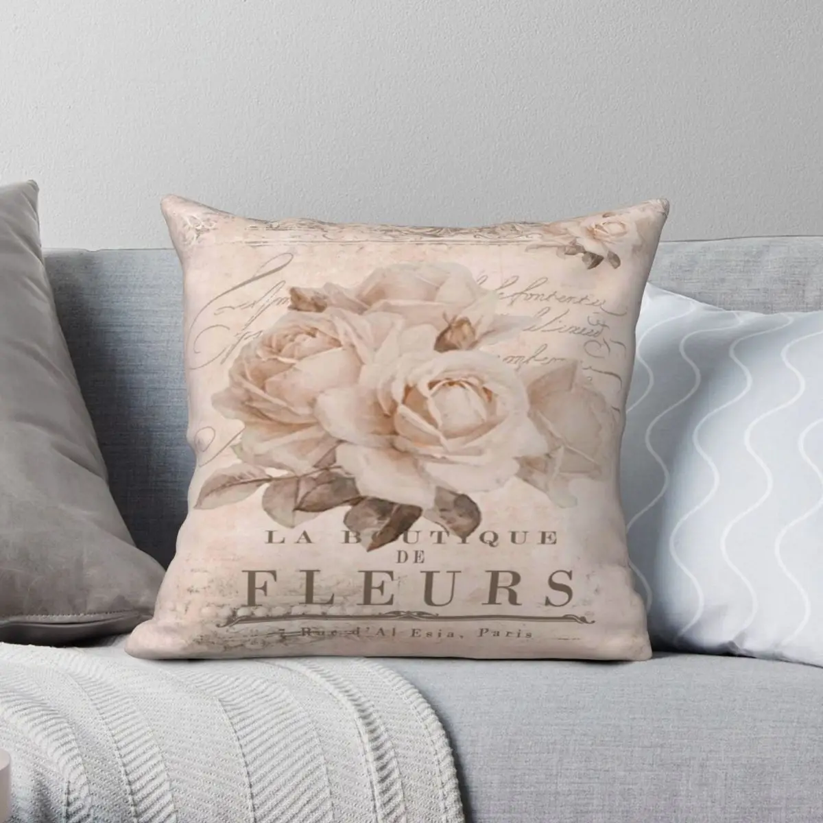 

French Shabby Chic Pink Roses Pillowcase Polyester Linen Velvet Pattern Zip Decor Throw Pillow Case Home Cushion Cover 45x45