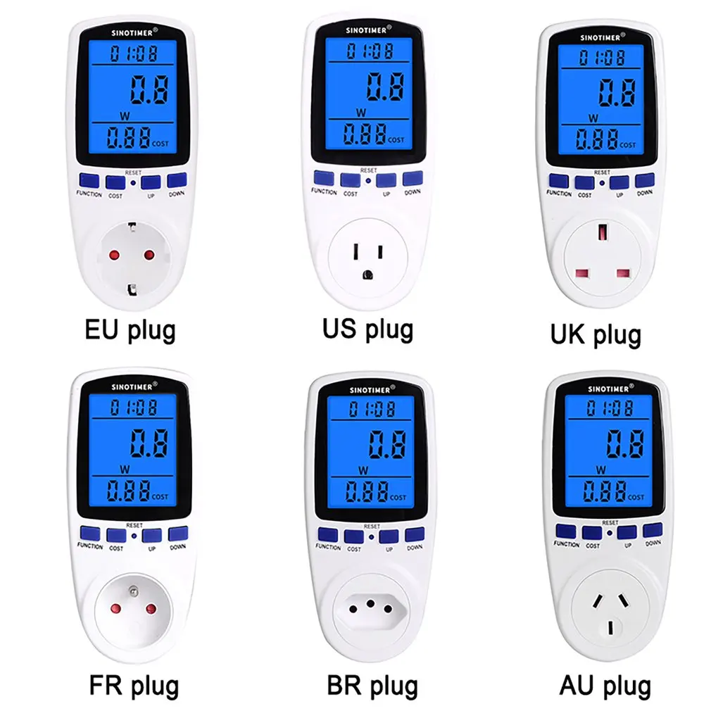 EU US UK FR BR AU Socket Digital Wattmeter Power Consumption Watt Energy Meter KWh AC 230V 120V Electricity With Backlights