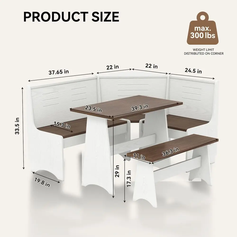 

Nook Kitchen Corner Dining Table Bench Chair Set, SpaceSaving 34 Seat LShape for Farmhouse Family Home White Brown Wood