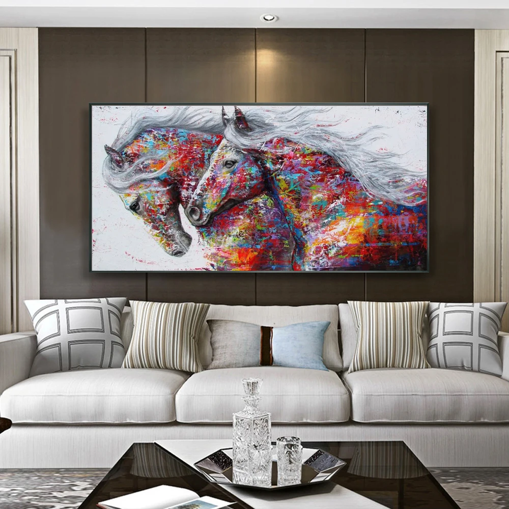 Large-sized frameless canvas paintings,Pop Art Two Running Horses Canvas Wall Art Graffiti Abstract Colorful Horses Poster Moder