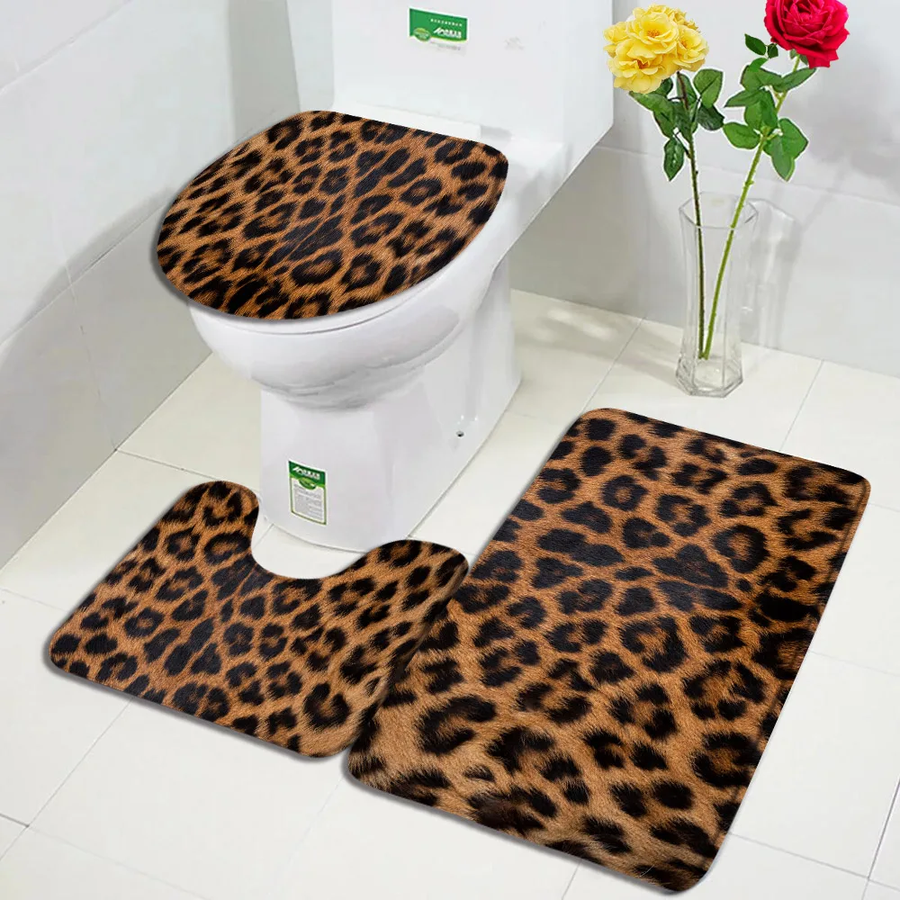 Brown Leopard Print Bath Mat Set Fashion Wild Animal Fur Pattern Modern Bathroom Decor Non-Slip Rug Toilet Lid Cover Home Carpet