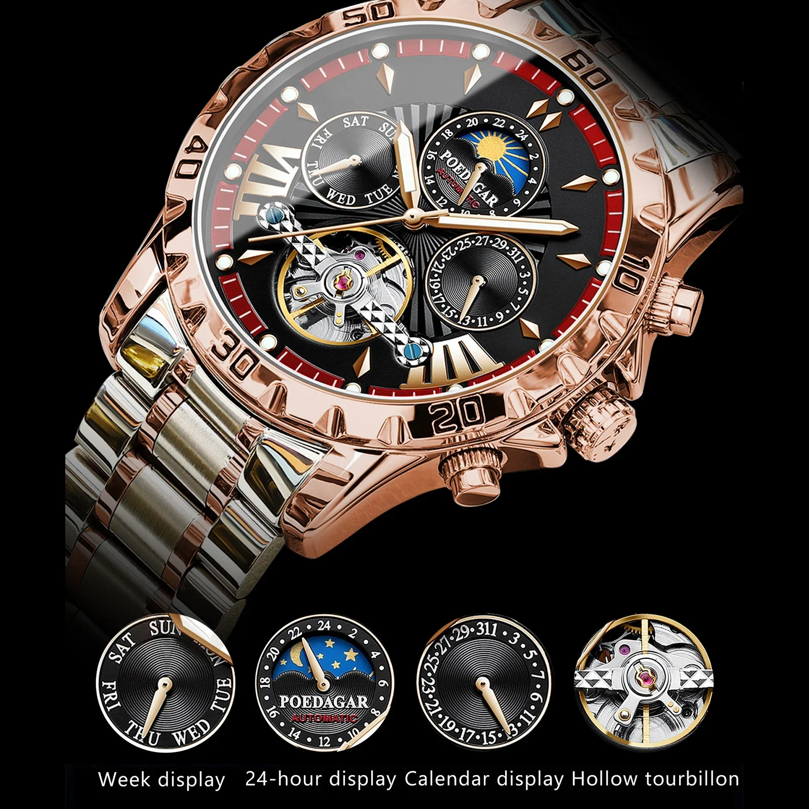 Poedagar Luxe Automatische Mechanische Horloge Voor Mannen Holle Tourbillon Waterdichte Lichtgevende Datum Week Rvs Heren Horloges