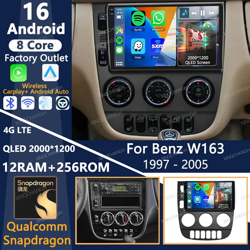 Android 16 Car Radio For Mercedes Benz M-Class W163 ML 1997 - 2005 Multimedia Video Player 4G WIFI Head Unit QLED Qualcomm 2DIN