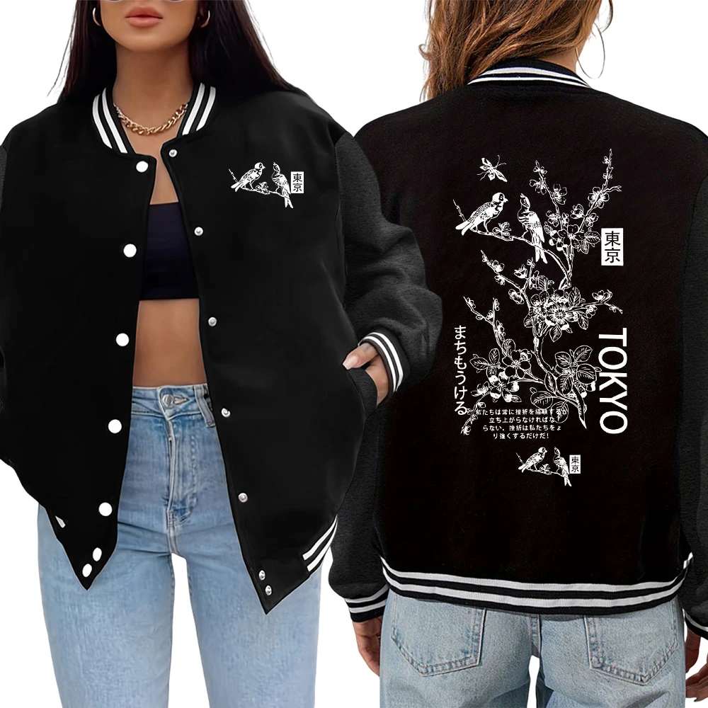 

Япония Токио Harajuku Cherry Blossom Bird Art Letter Print Куртка Женская Модная Повседневная Весте Уличные Куртки Хип-Хоп Свободный Теплый Топ