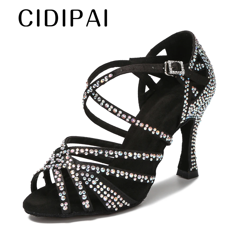 CIDIPAI Satin Latin Dance Shoes For Women Soft Bottom Tango Party Shoes Rhinestone Wedding Shoes Salsa Dance Shoes