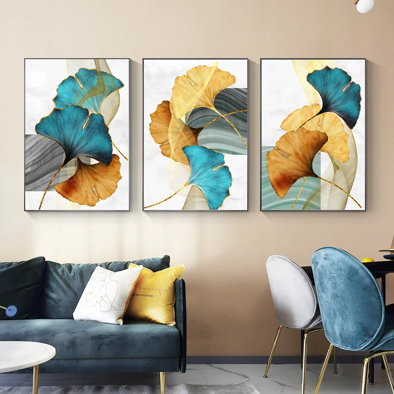 Luxury Ginkgo Biloba Canvas Painting with Frame Modern Abstract Leaf Wall Art Picture Print Plant Poster for Living Room Decor