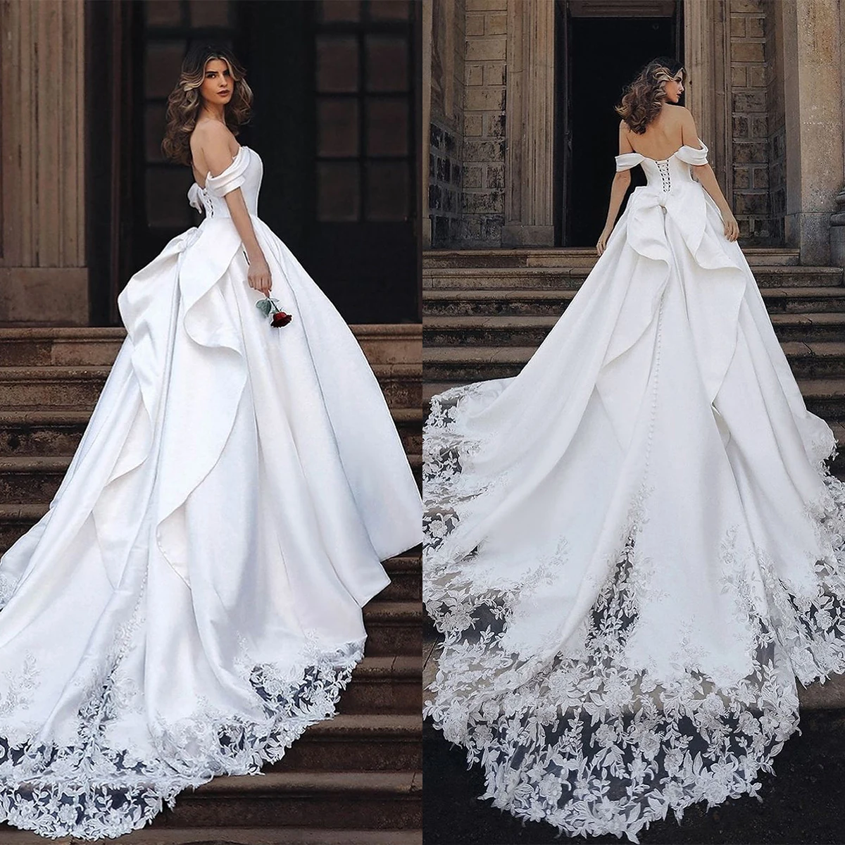 Elegant Ball Gown Wedding Dresses Sexy Off Shoulder Beads Sequins Appliques Lace Bridal Gowns Customized Lace-Up Back Sweep Trai