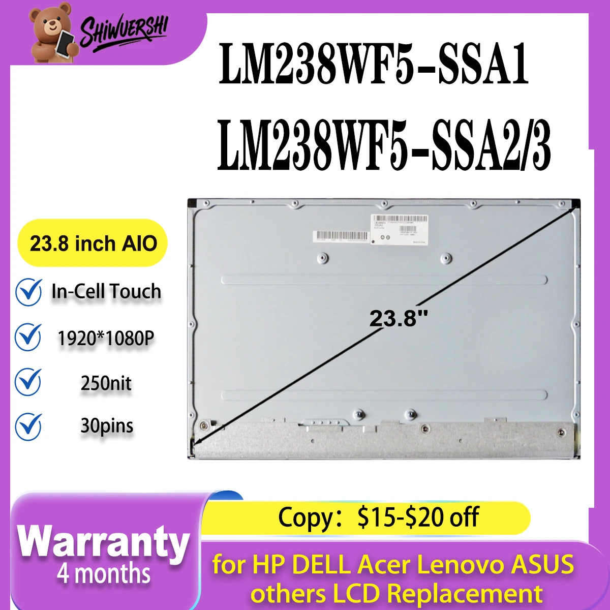 

Original New A+ LM238WF5 SSA1 LM238WF5-SSA1 LM238WF5 SSA2 LM238WF5-SSA2 LM238WF5 SSA3 LM238WF5-SSA3 23.8" IPS LCD Screen Display