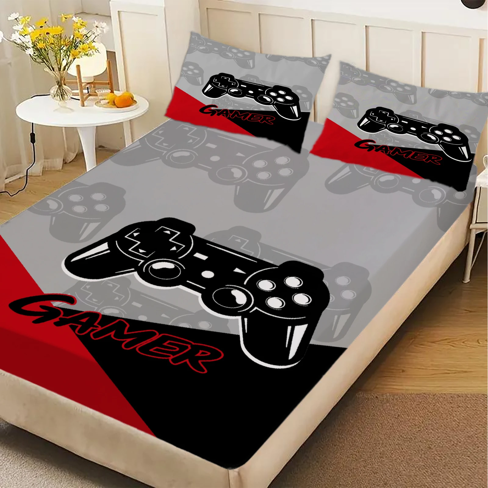 

1pc Grey Red GamePad Printed Fitted Sheet 100% Polyester Durable Bedding Set Sheet ffor Home Bedroom Decoration Birthday Gift