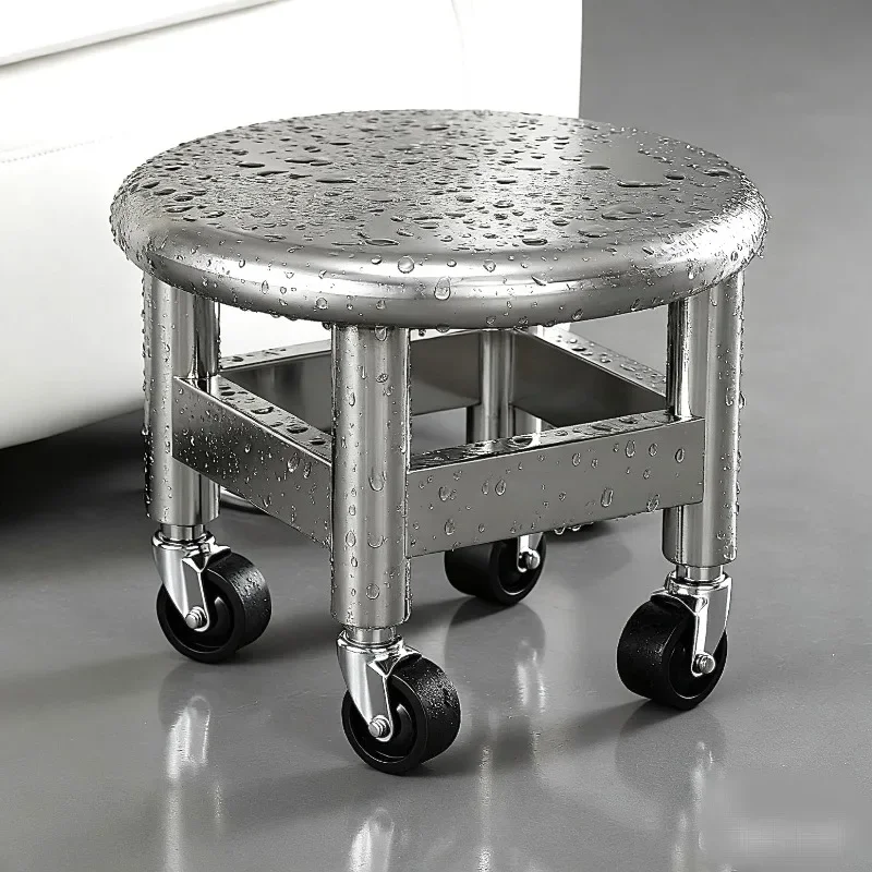 Stainless Steel Rolling Low Stool Silent Caster Round Stool for Entrance Heavy-Duty Pedicure Seat 360-Degree Swivel Work Stools