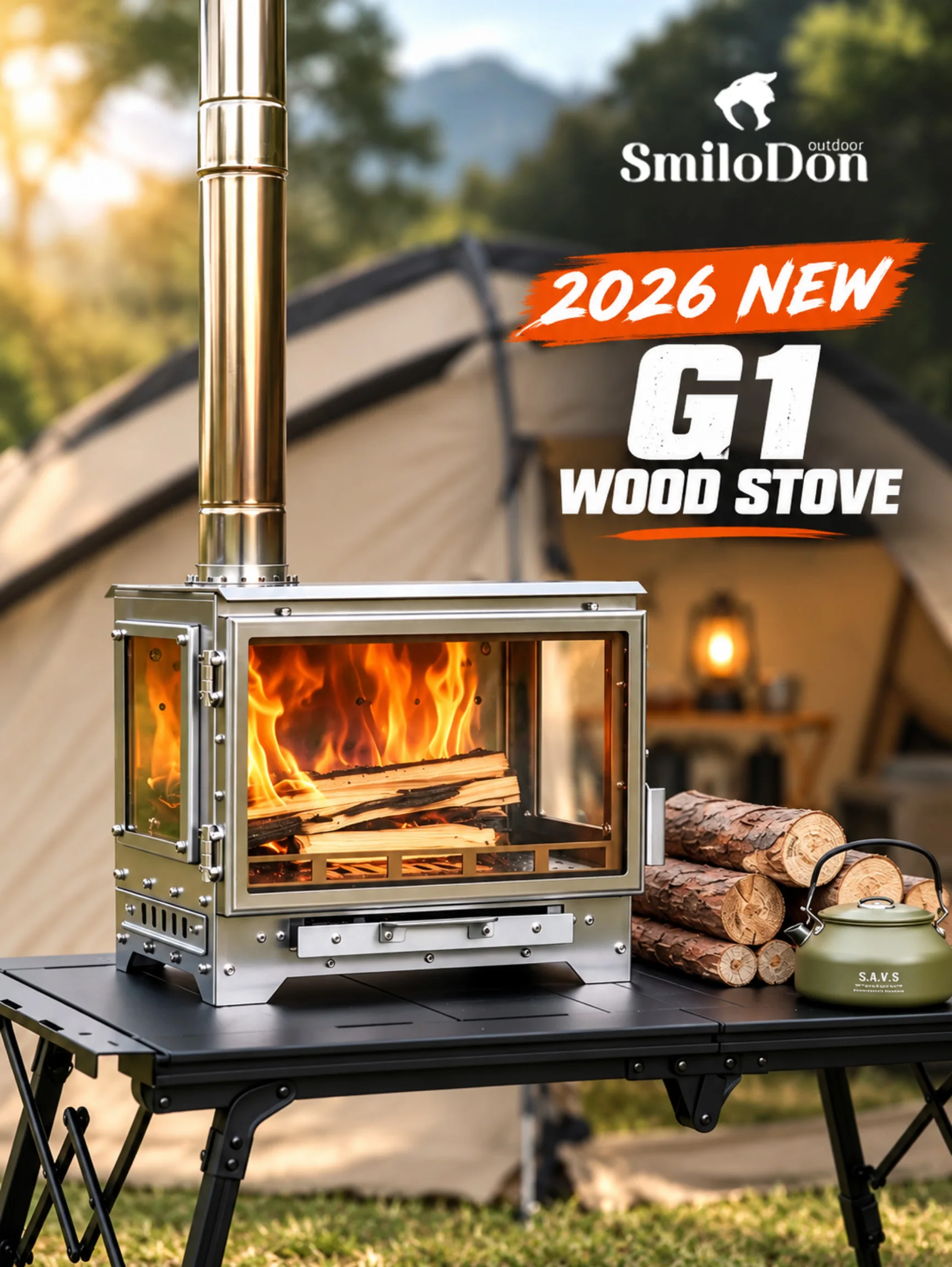 SmiloDon G1 Camping-Holzofen, 2026 Neuer 430 SUS Zeltheizer, 3-seitiges Glas, Sekundärverbrennung, 70/75mm Schornstein, Tragetasche – Detail 2