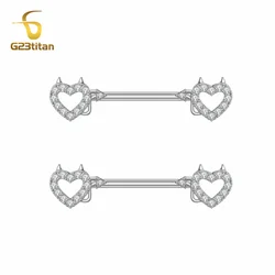 G23Titan 2pcs Crystal Nipple Ring 14G 12-20mm Length Titanium Body Piercing Barbell Punk Devil Heart Design Women Sexy Jewelry