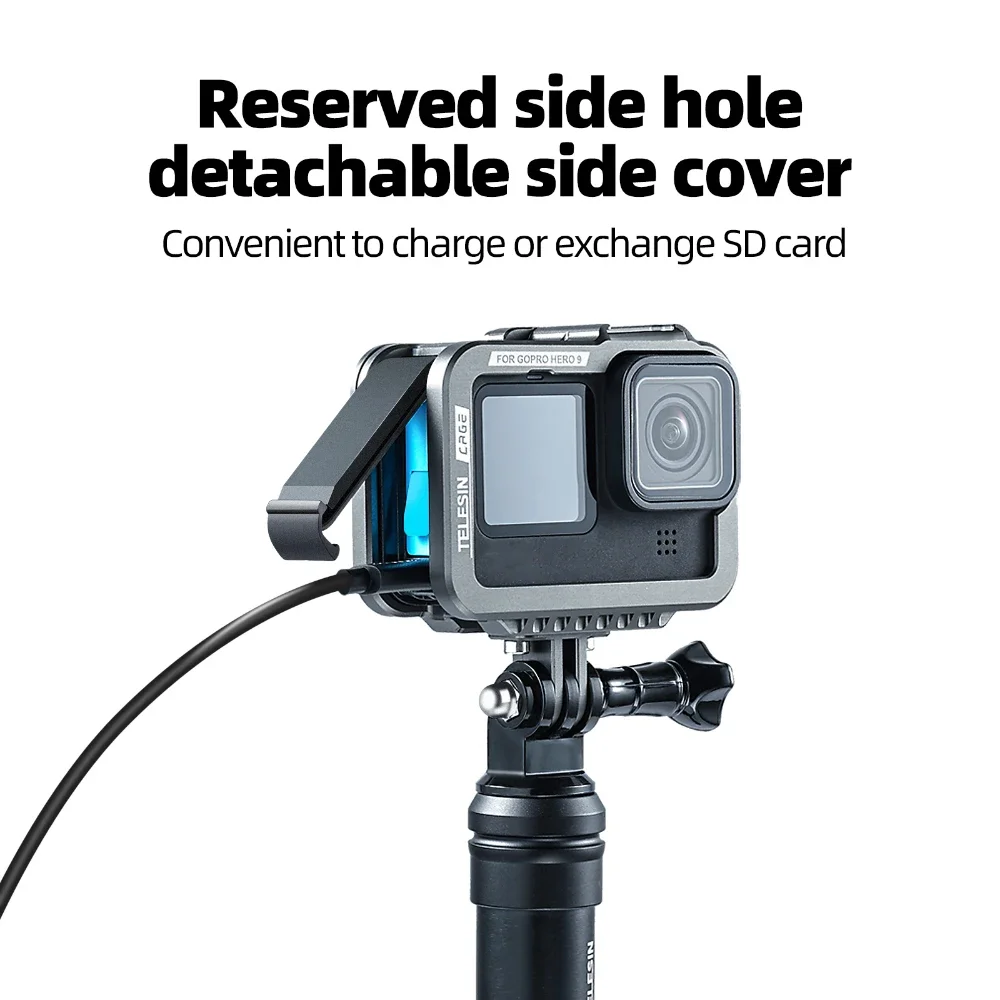 Casing bingkai logam campuran Aluminium FF-F38A untuk GoPro 9 10 11 sepatu Clod ganda dengan Port pengisi daya aksesori kamera hitam