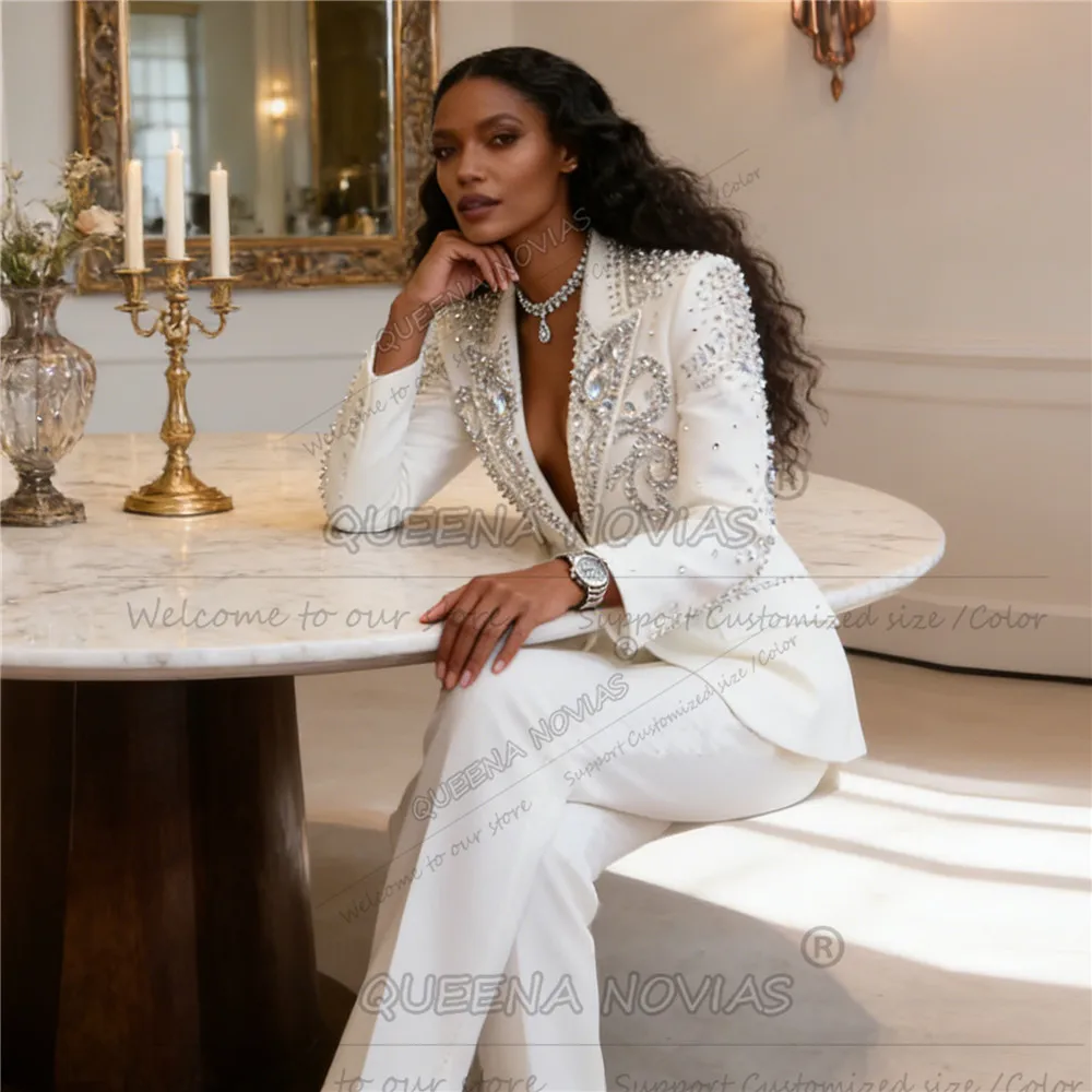 여성용 맞춤형 스톤 비즈 수트 의상 2피스 여성용 럭셔리 캣워크 스타일 의상 재킷 팬츠