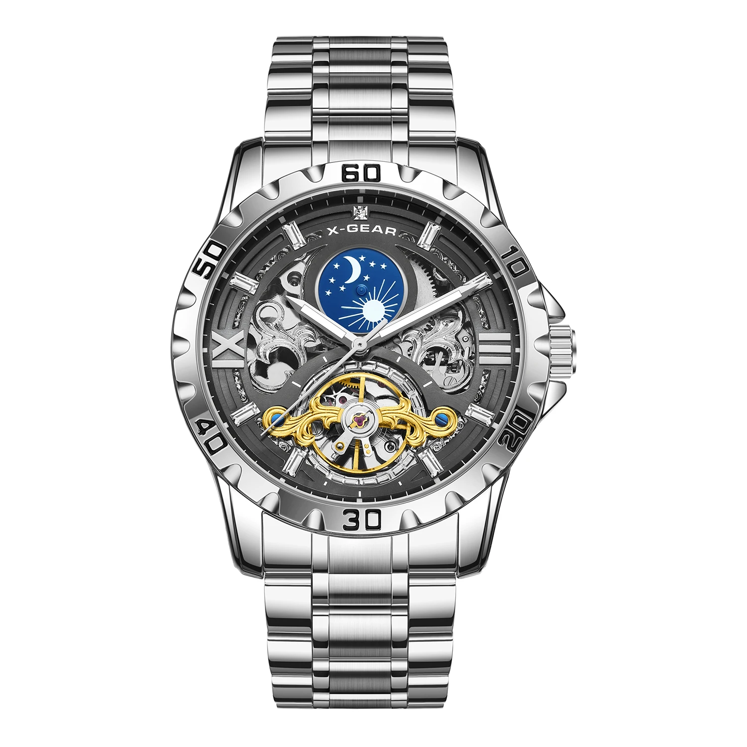 X-GEAR Tourbillon Automatic Mechanical Wristwatch Skeleton Starry Sky Moon Phase Luminous Stainless Steel Mechanical Watch