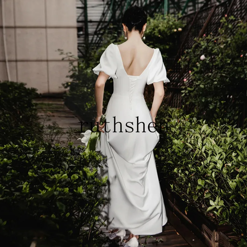 

2025 New Simple Wedding Dresses Elegant French Bride Gown Short Sleeves Robe De Mariage for Woman Customized
