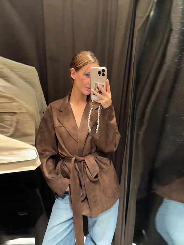 Vintage rue daim vestes femmes revers ample manches longues ceinture manteaux femme automne Chic mode solide vêtements d'extérieur dame