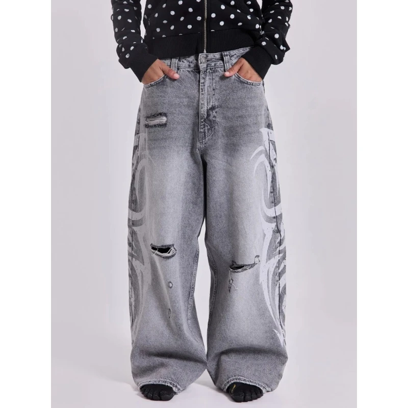 Deeptown Y2k Black Ripped Jeans Women Vintage Harajuku Print Baggy Distressed Denim Trouser Hip Hop Grunge Streetwear Wide Jeans