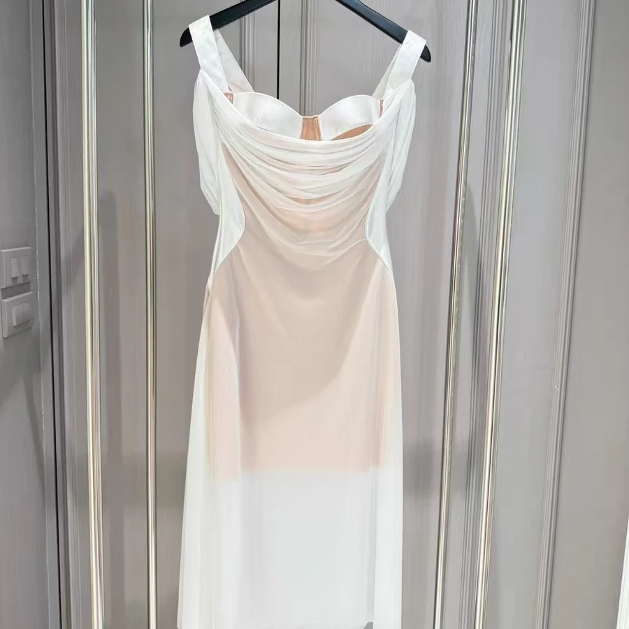 Sexy dames hoge kwaliteit retro one-line schouder met blote schouders lichte luxe satijnen lange jurk elegante avondfeestjurk