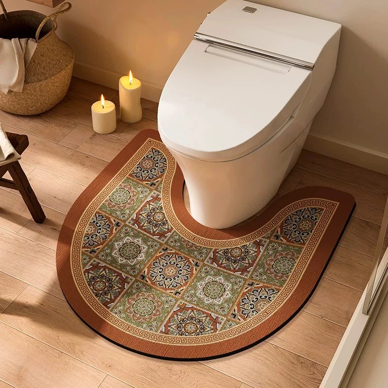 VIKAMA Neue U-förmige Toiletten-Bodenmatte im chinesischen Stil, rutschfest, saugfähig, weiche Badematte, pflegeleicht, waschbar, für Badezimmer, Heimdekoration
