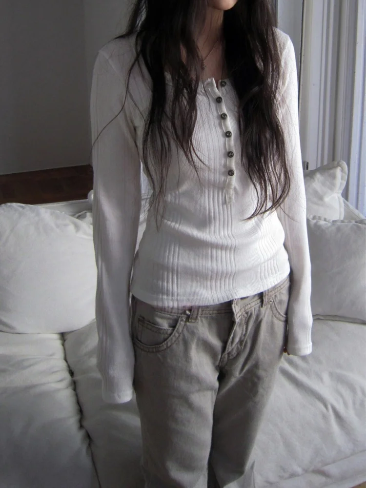 Cseta de Manga Larga con Cuello en V, Corte Ajustado, Estilo Coreano, con un Solo Botón, Color Puro, Transpirable, para Mu...