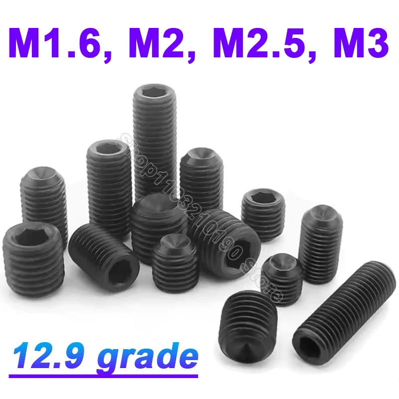 

10-500Pcs Hex Socket Set Screw Cup Point Black Grade 12.9 M1.6 M2 M2.5 M3 Headless Allen Hexagon Socket Grub Screws Bolts DIN916