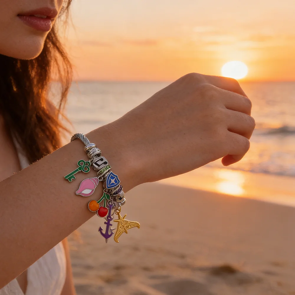 Katseye Charm Bangle Bracelet, Wire Cuff Bracelet with Enamel & Rhinestone Mult‑Charms, K‑pop Girl Group Fans Jewelry Gift