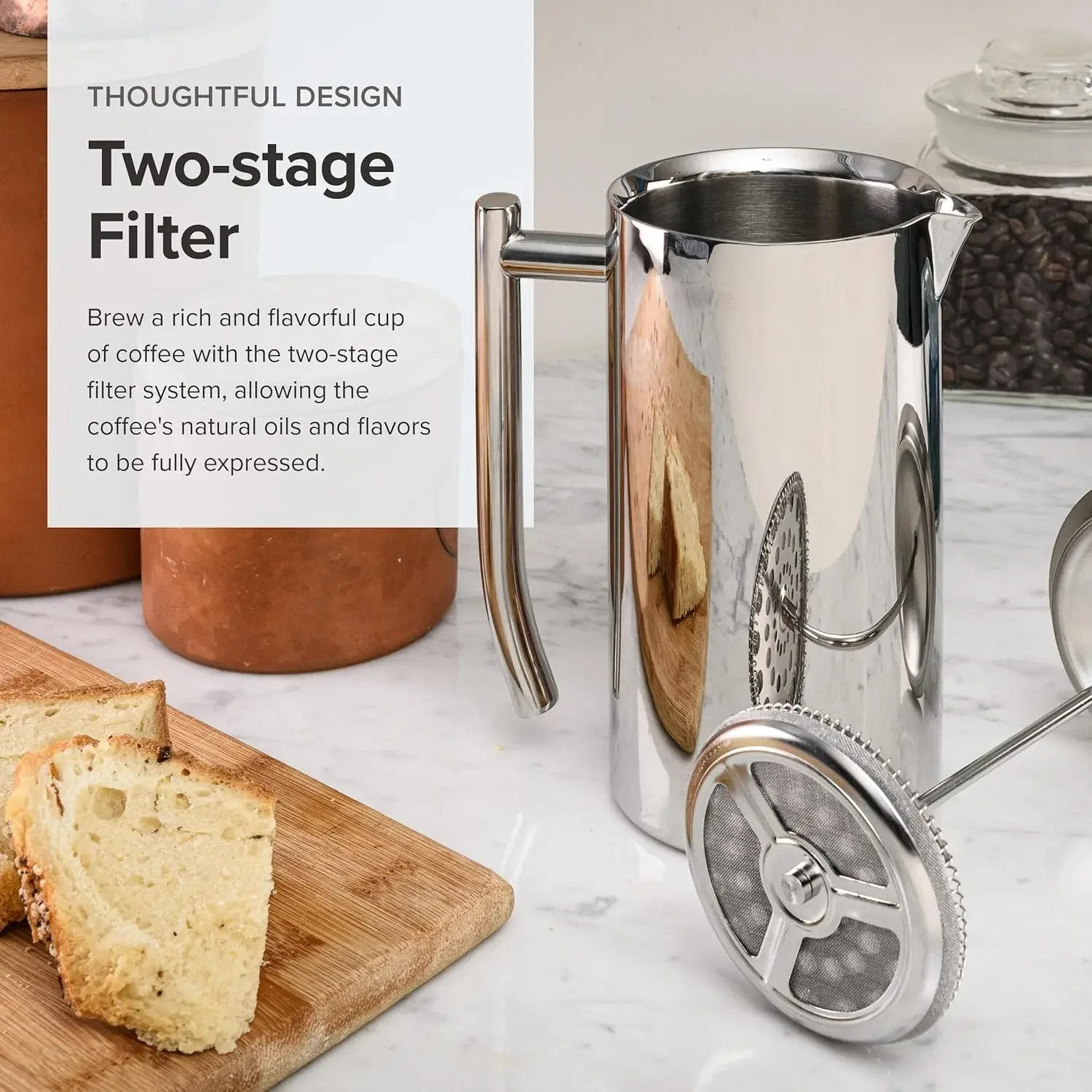 Caffettiera French Press a doppia parete in acciaio inossidabile, lucida, 23 once