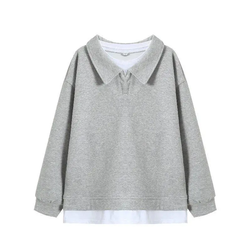 Fake Two Piece Collar Sweatshirt Women Spring Autumn Plus Size Loose Mid Length Casual Tops