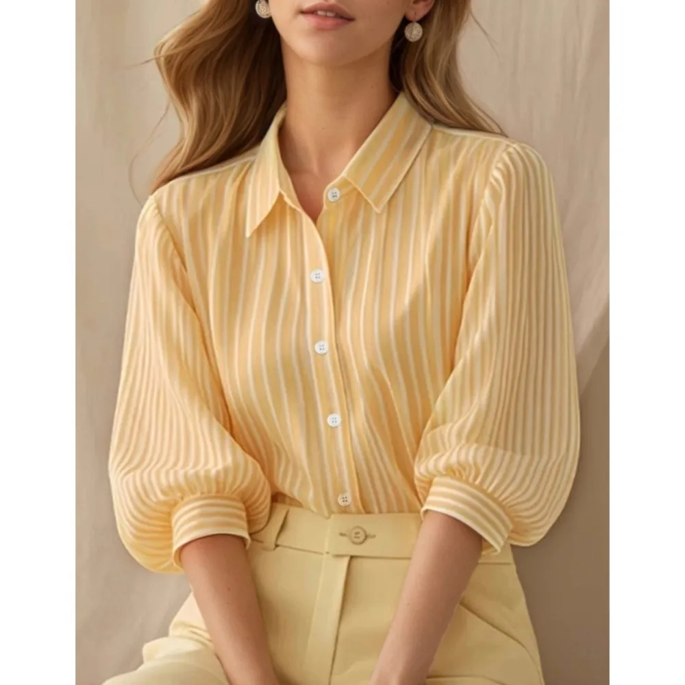 

2026 Fashion Striped Puff 7-quarter Sleeve Shirt Women's Tops Summer New Casual Loose Female Office Versatile Shirt