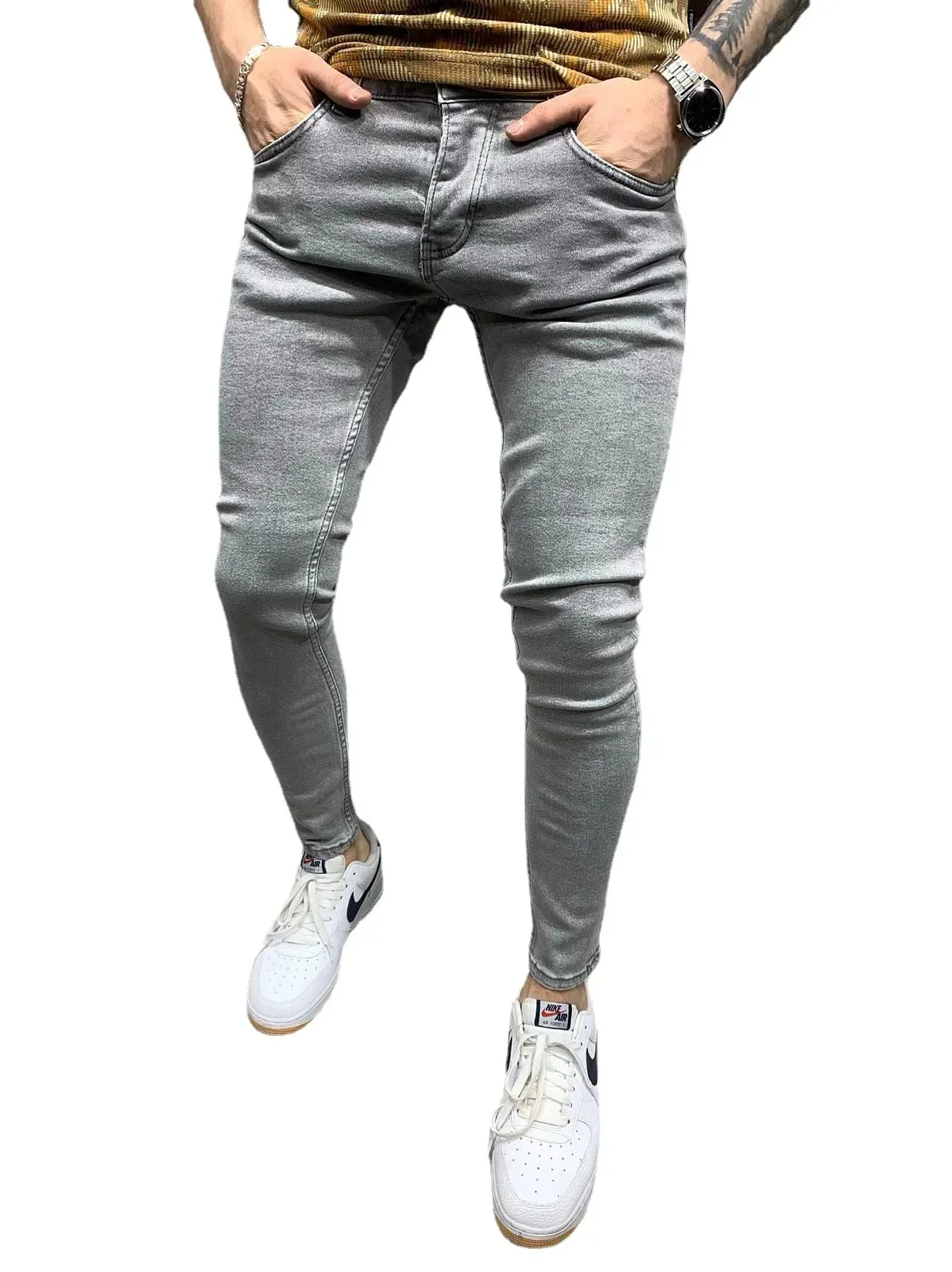 

Men Jeans Denim Pencil Pants Sheath Ankle Length Washing Solid Slim Fit Pockets Slight Strech Mid Waist High Street 2025 summer