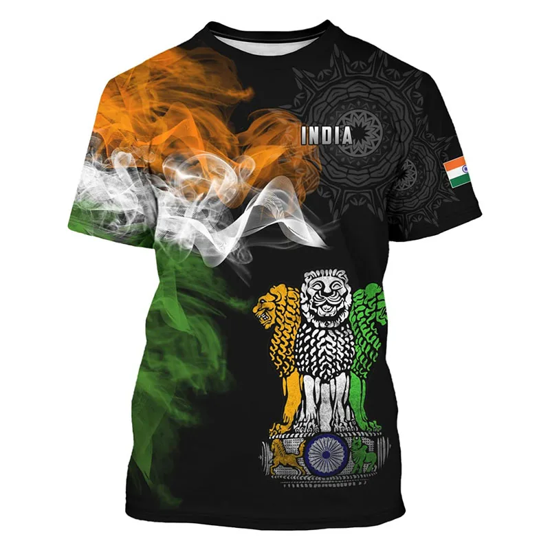 Men India Cultural Ganesha Temple Flag Short Sleeve T‑Shirt Ethnic Lotus Graphic Crew Neck Tops