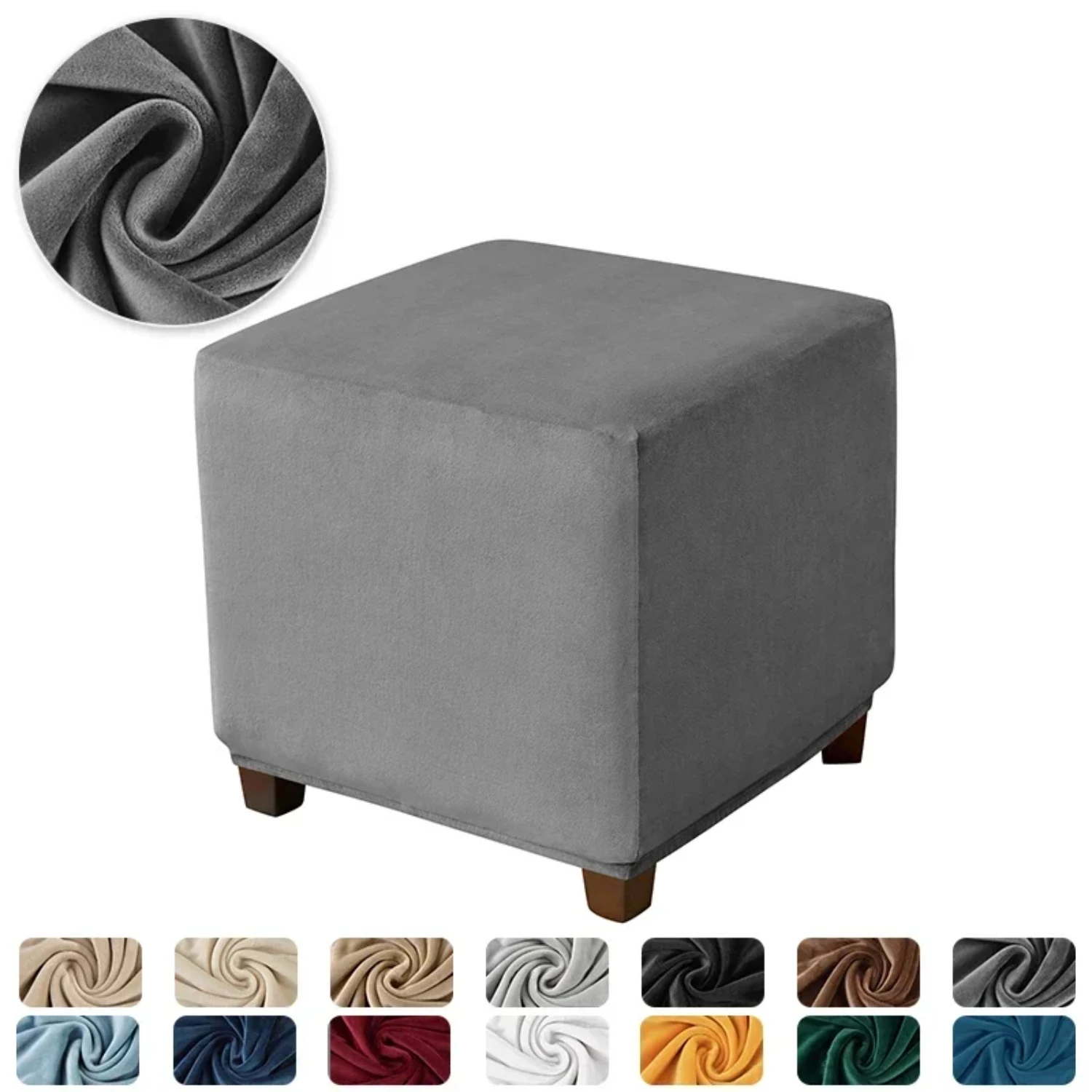 Plush Stretch Ottoman Stool Cover - Soft Square Velvet Footstool Covers - All-inclusive Elastic and Durable Footrest Slipcover -