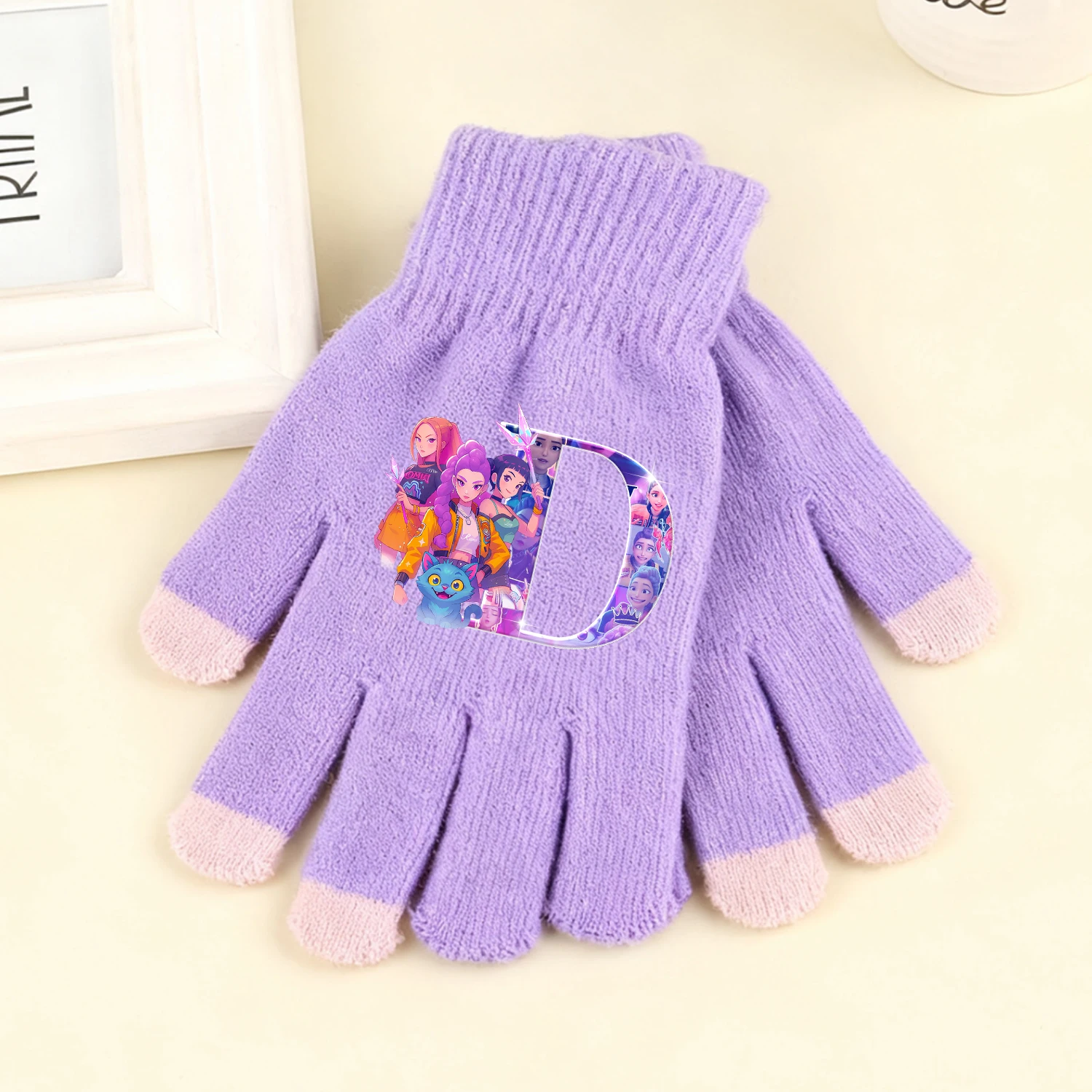 Kpop شيطان الصيادين قفازات متماسكة الكرتون رسالة A-Z قفاز شاشة قابل للمس الفتيات الفتيان الأرجواني شتاء دافئ اكسسوارات الأطفال هدية