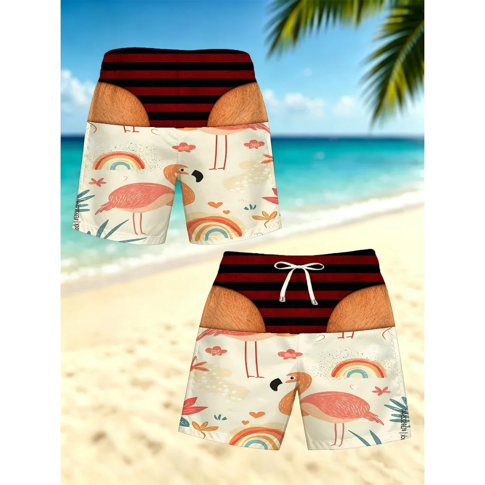 Cartoon Flamingo Rainbow Print Men Swim Trunks Quick Dry Drawstring Beach Shorts Optical Illusion Board Shorts