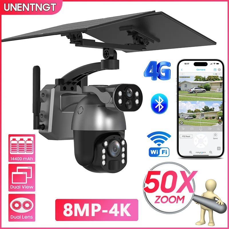 

8MP 50X Zoom Solar Outdoor Surveillance Camera 4G SIM WiFi 4K Dual Lens 360 PTZ Security Motion Tracking Night Vision CCTV Cam