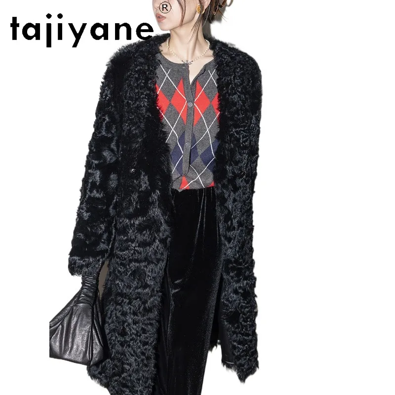 TAJIYANE Natural Tuscan Sheep Shearling Real Fur Coat Woman V-neck Winter Coats Curly Fur Jacket Long Fourrure Overcoat 101cm