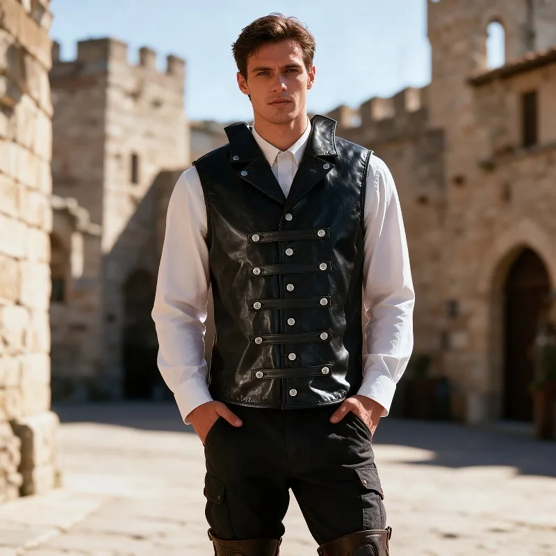 Men Medieval Vintage Vest Gothic Steampunk Sleeveless Maistcoat Retro Lapel Buckle Butons Haloween Cosplay Costume Renaissance