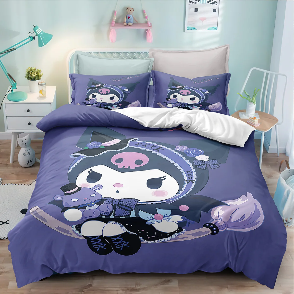 Imagem -03 - Sanrio Cartoon Kuromi Conjunto de Cama de Três Peças Decoração do Quarto Capa de Edredão Confortável Fronha de Casa Bonito