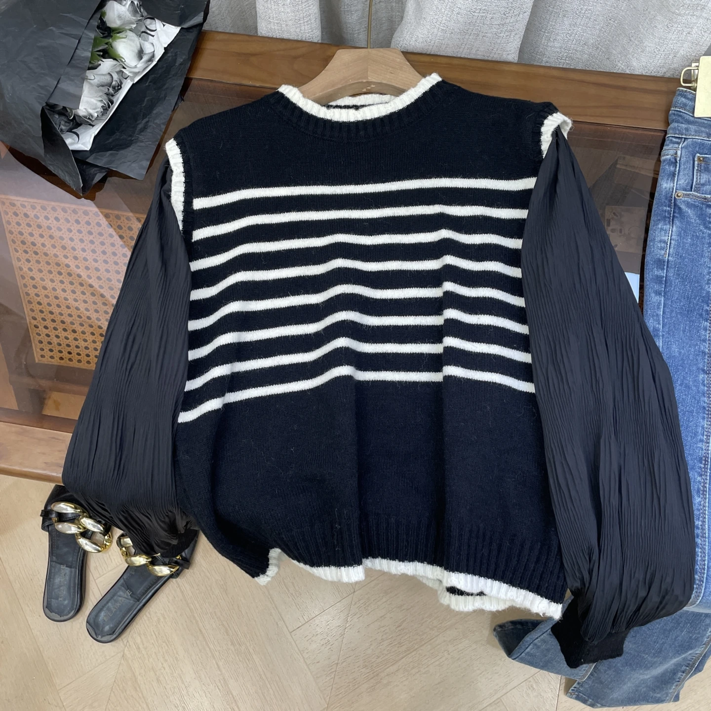 

Осенний новый свободный утягивающий уникальный универсальный свитер с кружевом K4 Sweet Straight Tube Long Sve