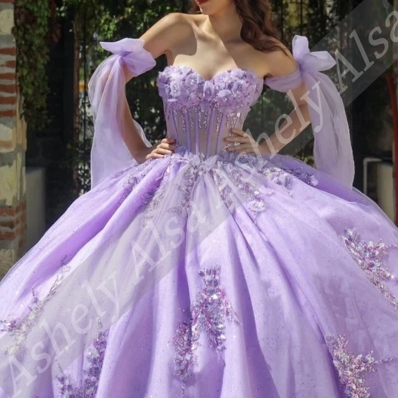 AQ41 فستان Quinceanera المكسيكي الخزامى المخصص ثوب حفلة زهرة الوهم للنساء مناسبة للحفلات الراقصة ملابس فيستدو دي XV 15 Anos