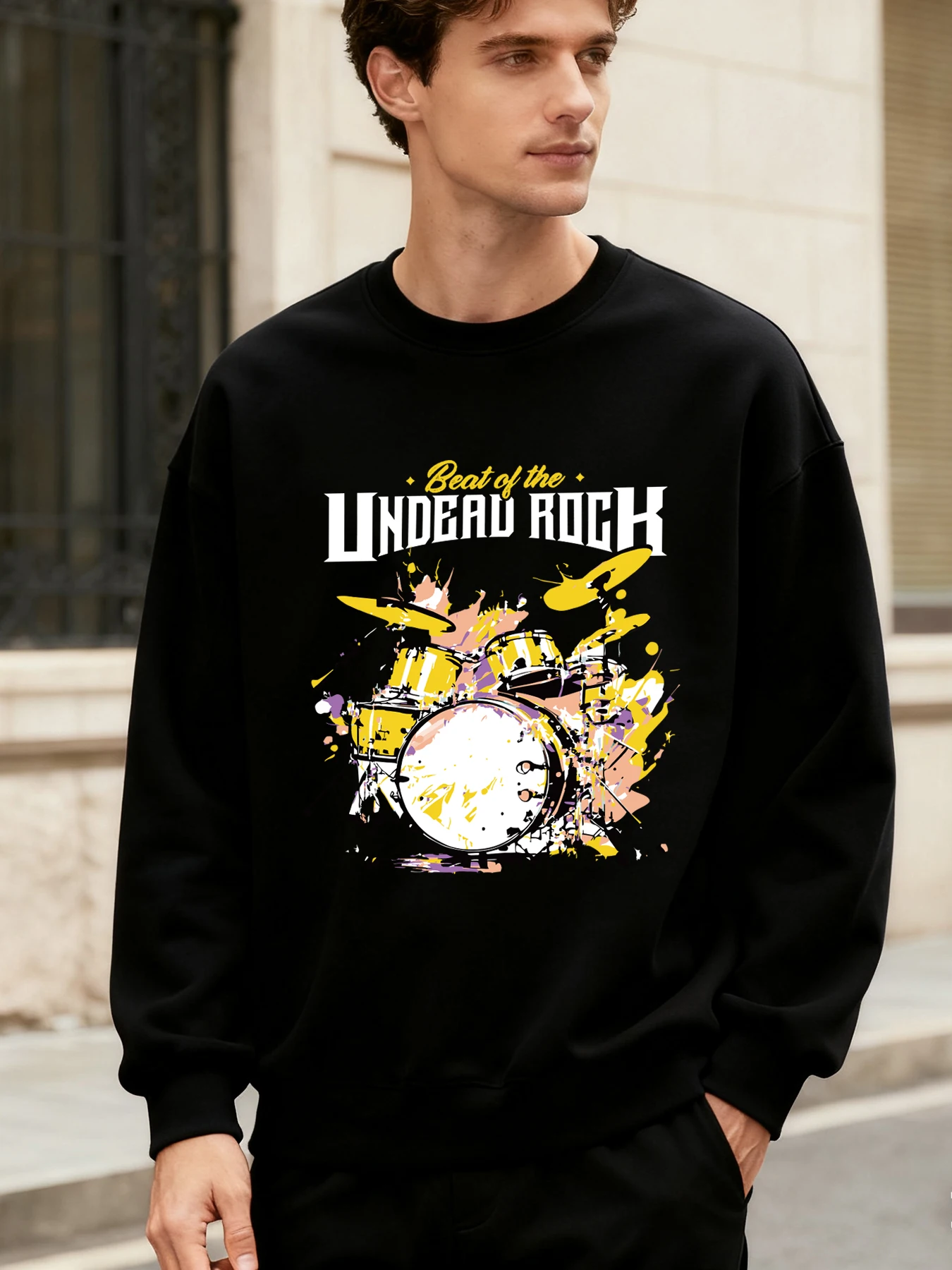 

Мужской пуловер с принтом рок-барабана, большой мягкий свитшот для бега, осенняя уличная одежда с круглым вырезом, модная мужская одежда в стиле хип-хоп