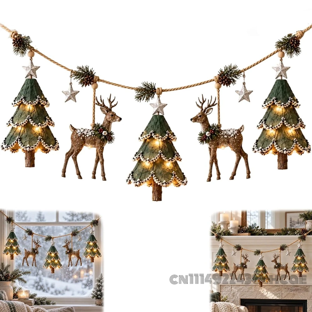 Lighted Woodland Christmas Garland with Deer and Tree Ornaments