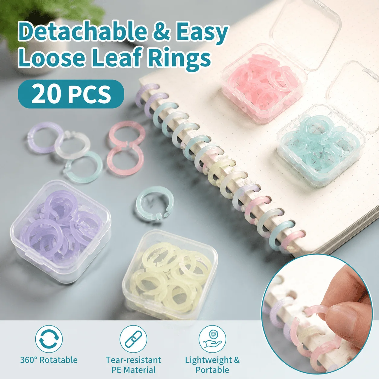 20PCS Rotatable Detachable Book Binder Rings Pastel Plastic Loose Leaf Rings with Storage Box Daily Notebook Binding Supplies