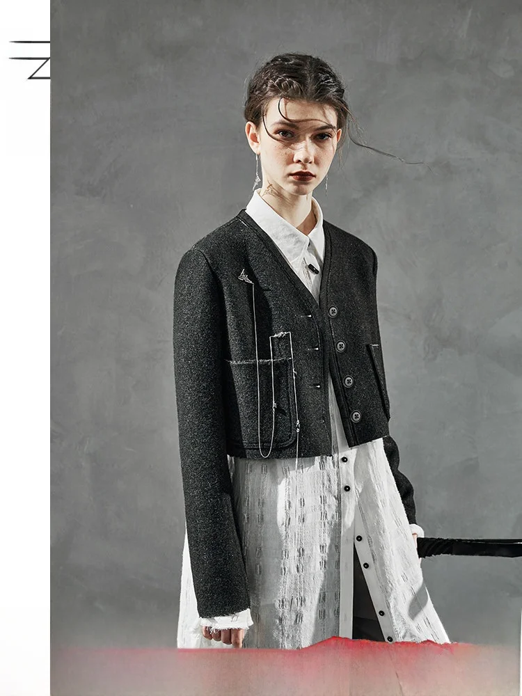 

Женское двустороннее шерстяное пальто оригинального дизайна, с завышенной талией, весенняя новинка, повседневное, с V-образным вырезом, длинное, однотонное