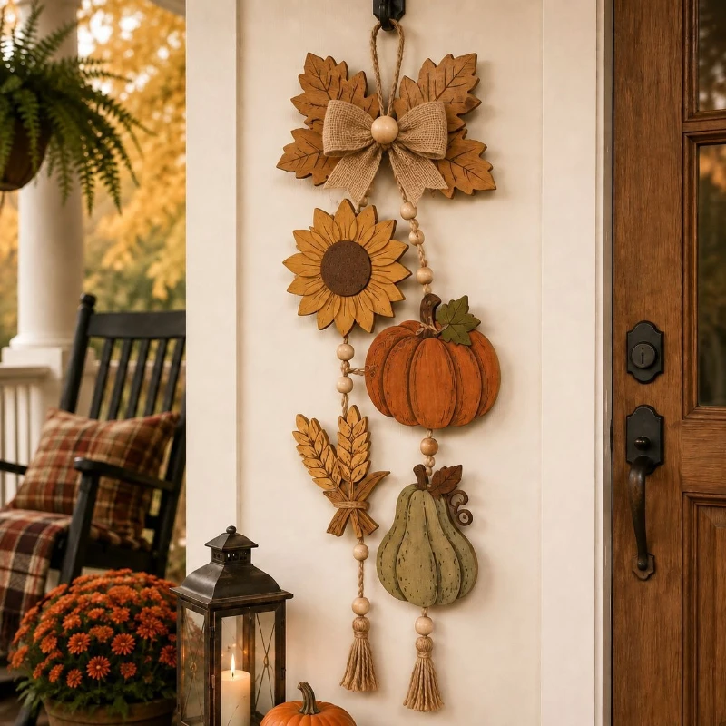 Fall Harvest Wooden Pendant – Pumpkin Sunflower Maple Door Decor with Burlap Bow Hanging Ornament